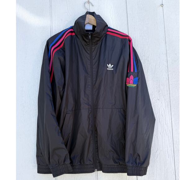 ADIDAS Original black nylon rainbow strip trefoil mock neck windbreaker jacket - Picture 2 of 9